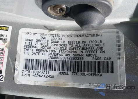 2004 Toyota Corolla Le from USA, damaged, VIN 1NXBR32E84Z293259